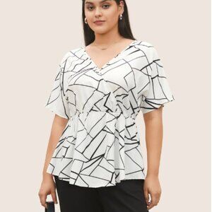 BloomChic Plus Size XL Geometric Overlap Collar Ruffle Sleeve Blouse us14-16